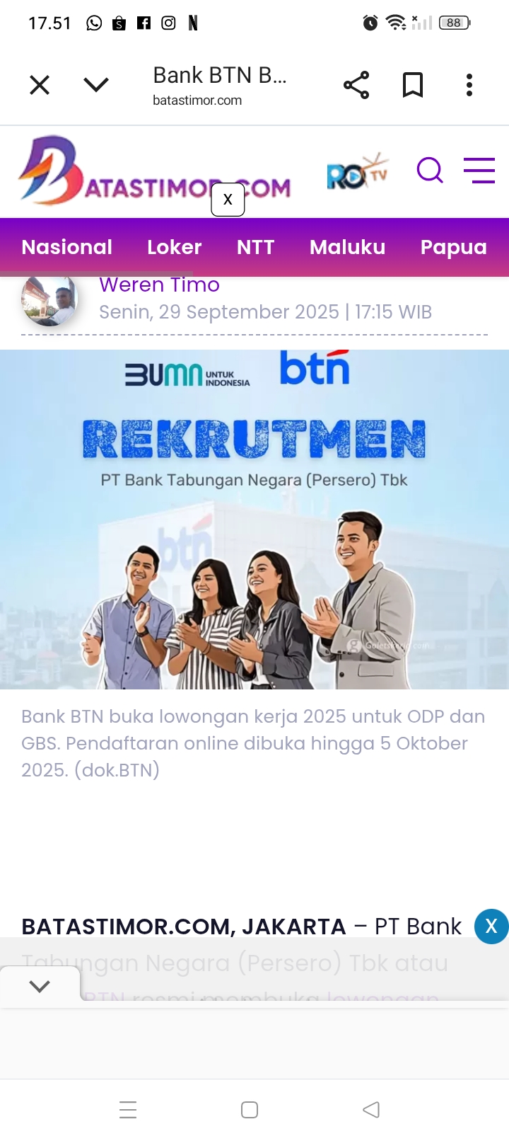 Bank BTN kembali membuka lowongan kerja bagi para profesional terbaik di bidang perbankan untuk dua posisi sekaligus.