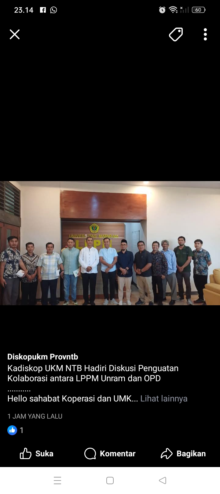 Hadiri diskusi Penguatan Kolaborasi antara LPPM Unram dan OPD, Kadiskop UKM NTB dukung kolaborasi bidang kewirausahaan.