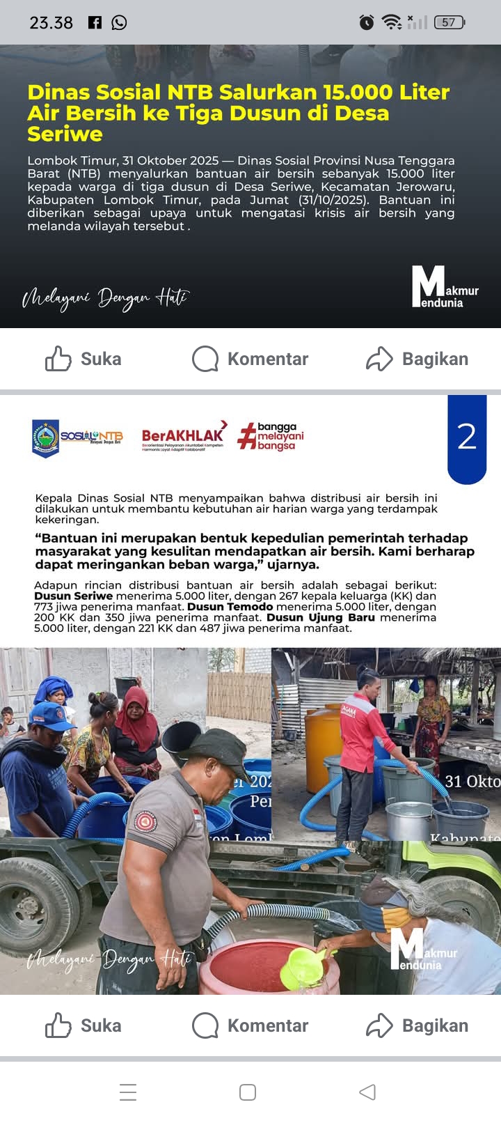 Kadis Sosial NTB NTB Dra. Nunung Triningsih, MM, menyampaikan bahwa distribusi air bersih ini dilakukan untuk membantu kebutuhan air harian warga yang terdampak kekeringan.