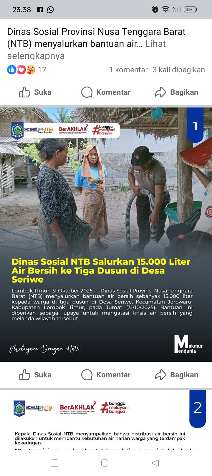 Dinas Sosial NTB menyalurkan bantuan air bersih sebanyak 15.000 liter kepada warga tiga dusun di Desa Seriwe Jerowaru Lombok Timur.