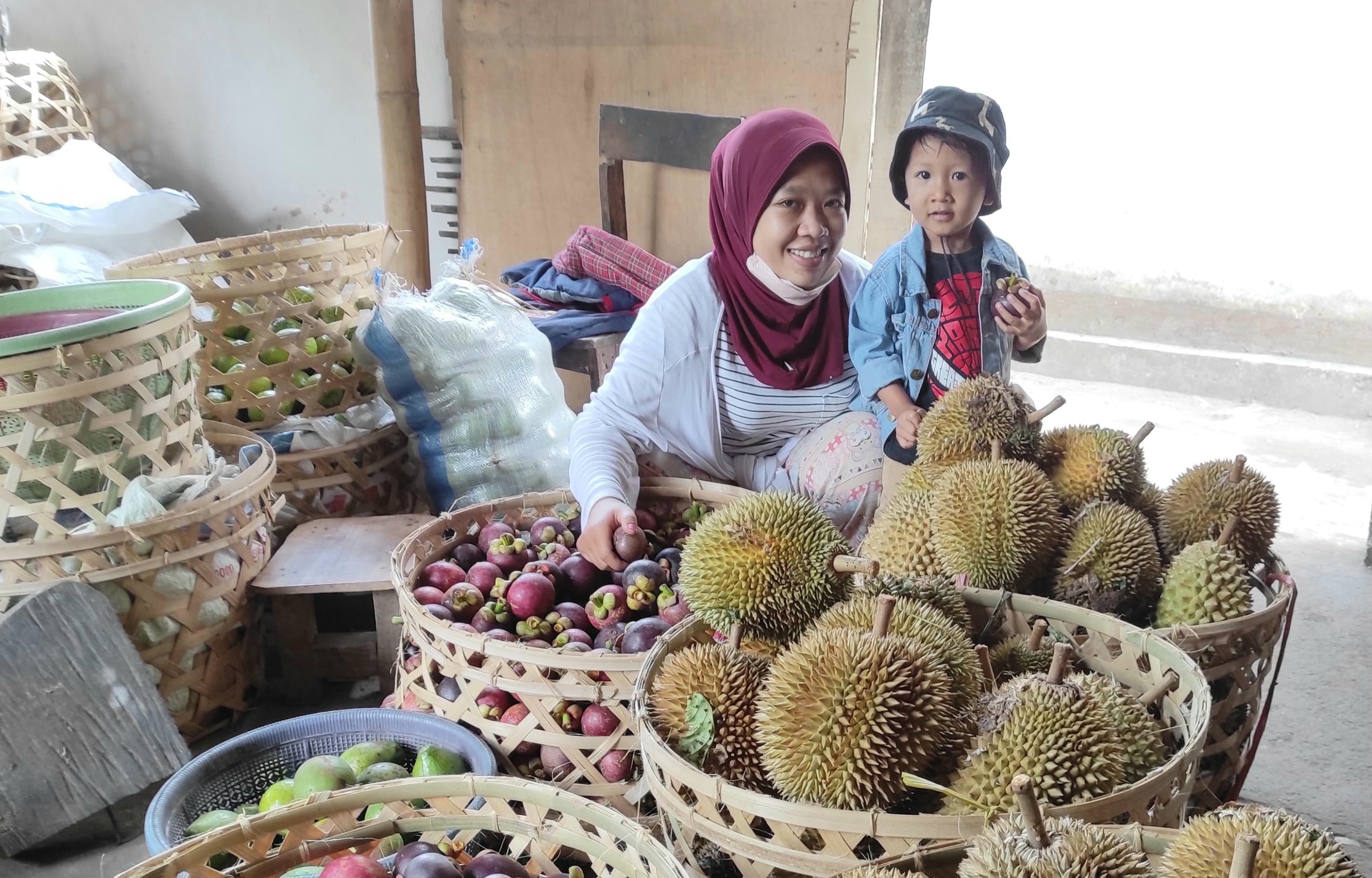 GIGIH: Maria Ulfa saat menyiapkan aneka buah durian dan manggis untuk pelanggannya.