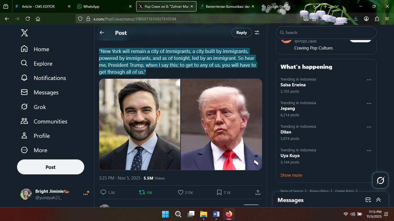 Wali Kota Baru New York City Zohran Mamdani (kiri) dan Presiden AS Donald Trump.