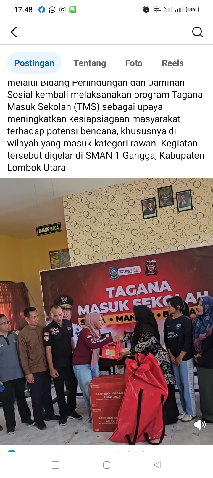 Dinas Sosial Provinsi NTB menggelar TMS di SMAN 1 Gangga Lombok Utara sebagai langkah preventif mengurangi resiko bencana.
