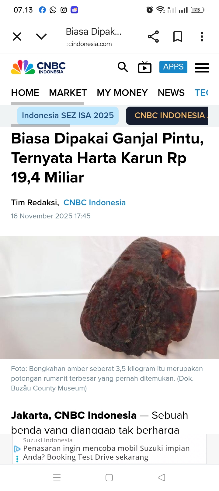 Seorang nenek menemukan bongkahan batu di dasar kali, dibawa pulang dan dijadikan ganjelan pintu di rumahnya, ternyata itu Amber, sebuah batu berharga senilai Rp19, 4 Miliar.