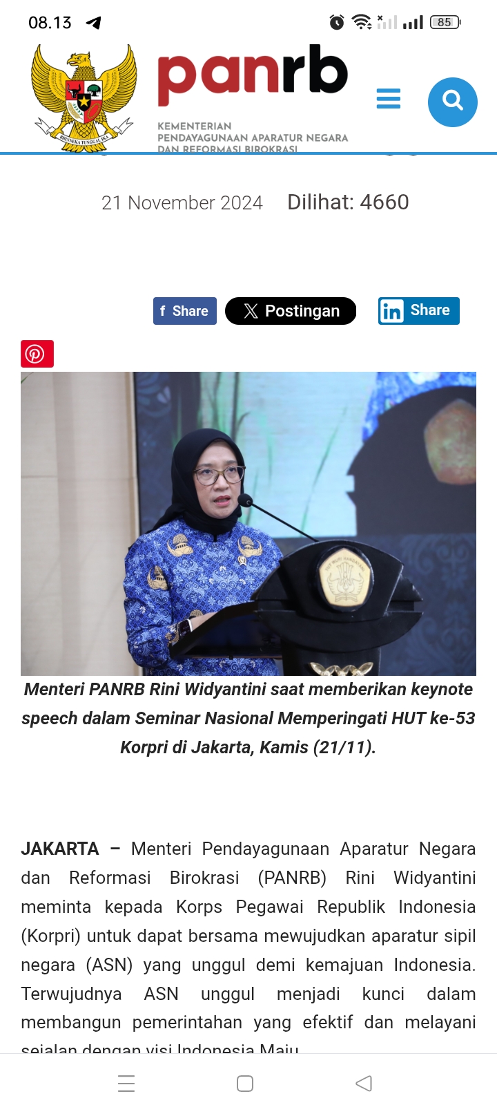 Menteri Pendayagunaan Aparatur Negara dan Reformasi Birokrasi (Menpan RB) Rini Widyantini memberi sinyal kenaikan gaji Pegawai Negeri Sipil (PNS).