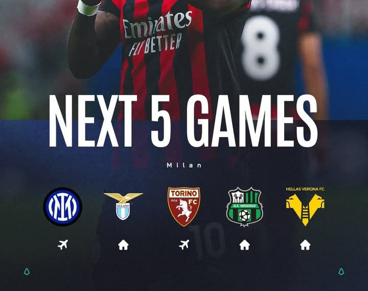 Daftar kawan-kawan AC Milan dalam 5 pertandingan ke depan, dimulai dari Inter Milan.