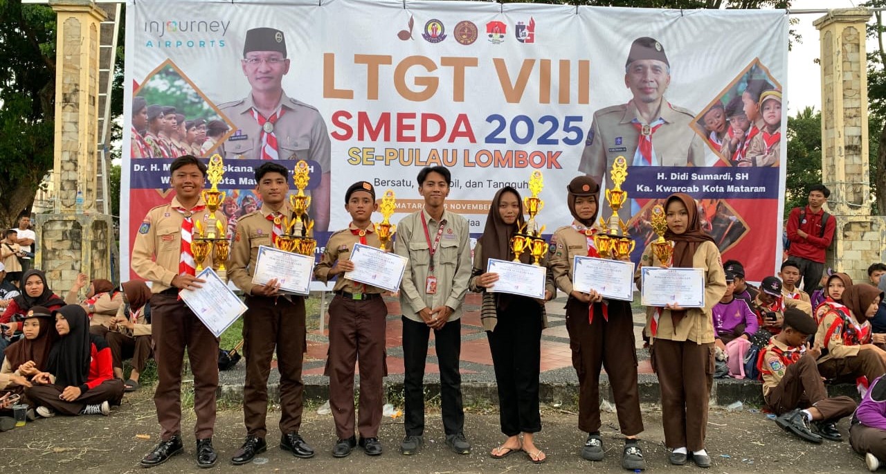 Tim Pramuka MTsN 2 Mataram meraih tiga juara pada ajang LTGT VIII Smeda 2025 di Eks Bandara Selaparang, pekan lalu.