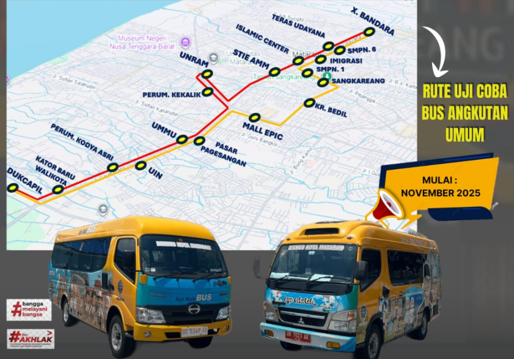 FLYER: Layanan bus gratis yang mulai diuji coba hari ini dari Dishub Kota Mataram dengan harapan langkah awal mengurai kemacetan.
