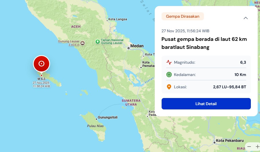 Gempa di wilayah Simeulue, Aceh, Rabu (27/11) siang.