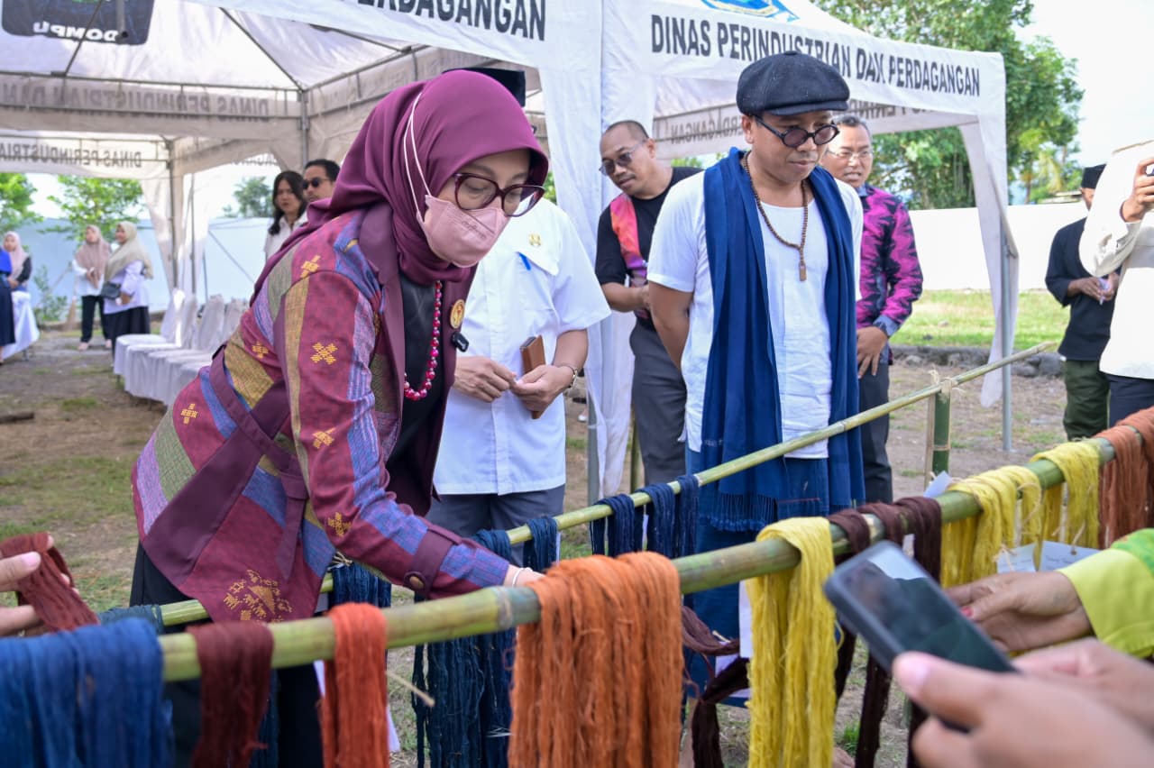 Ketua Dekranasda Provinsi NTB, Sinta M. Iqbal melihat hasil tenun khas Dompu.