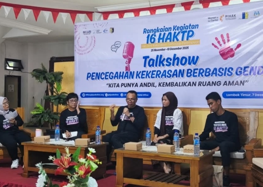TALKSHOW: Direktur Lembaga Pengembangan Sumber Daya Mitra Ririn Hayudiani bersama Kepala DP3AKB Lotim Hasbi Santoso saat talkshow pencegahan kekerasan berbasis gender, Senin (8/12).