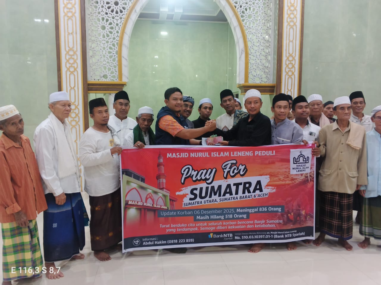 Solidaritas kemanusiaan ditunjukkan oleh jamaah dan masyarakat Leneng melalui Masjid Nurul Islam Peduli kumpulkan donasi untuk korban Sumatera