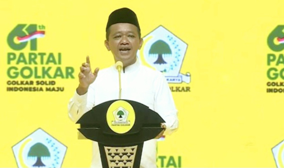 Ketua Umum Partai Golkar Bahlil Lahadalia berpidato dalam momen malam puncak perayaan HUT ke-61 Partai Golkar, Jumat lalu (5/12).