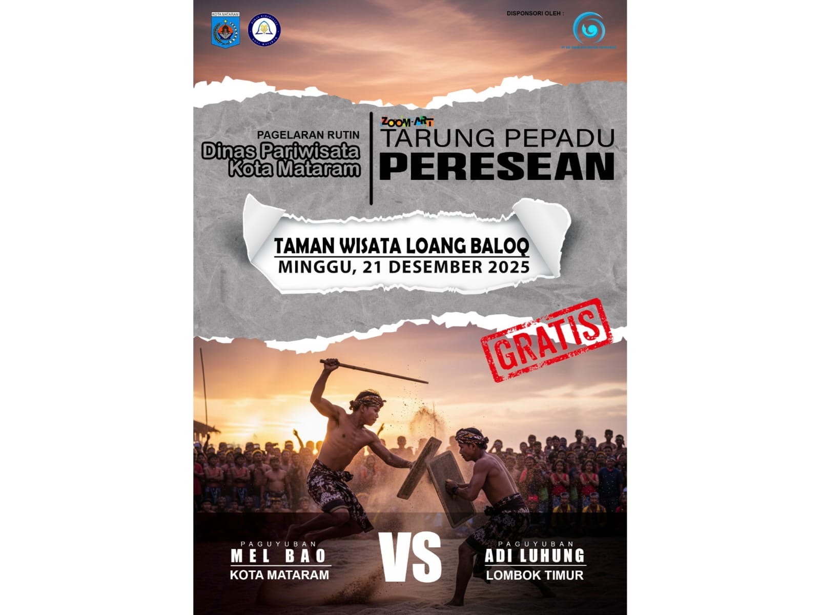 Flyer Peresean di Taman Loang Baloq yang diadakan Dinas Pariwisata Kota Mataram.