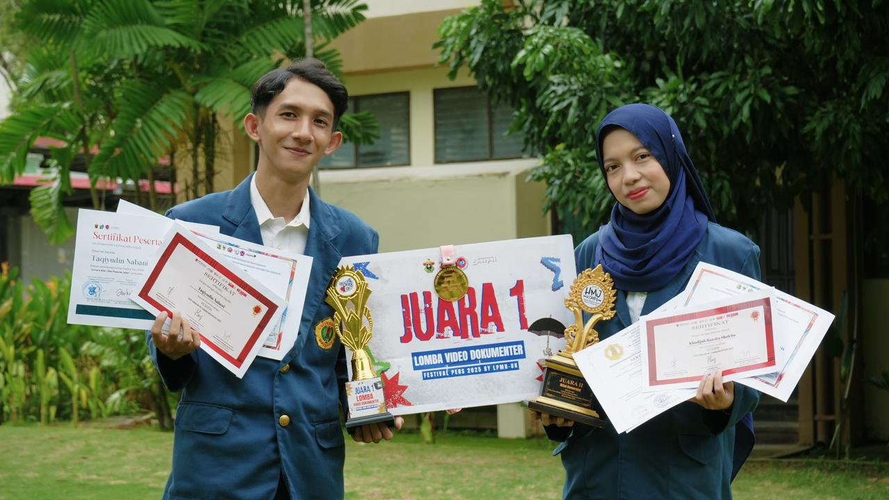 Taqiyudin Nabani dan Khadijah Baasitu Sholeha, dua mahasiswa Ilmu Komunikasi Unram yang meraih 6 prestasi nasional 2025, termasuk juara video dokumenter dan edukasi.