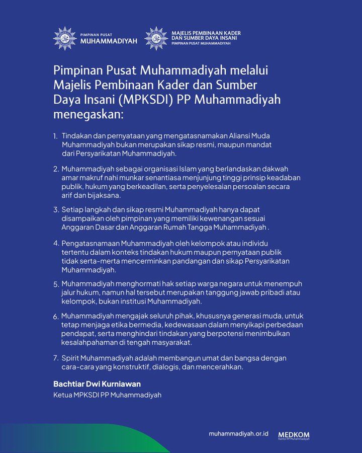 Pernyataan sikap PP Muhammadiyah yang tertuang dalam tujuh butir pernyataan disampaikan melalui akun media sosial Muhammadiyah di X.