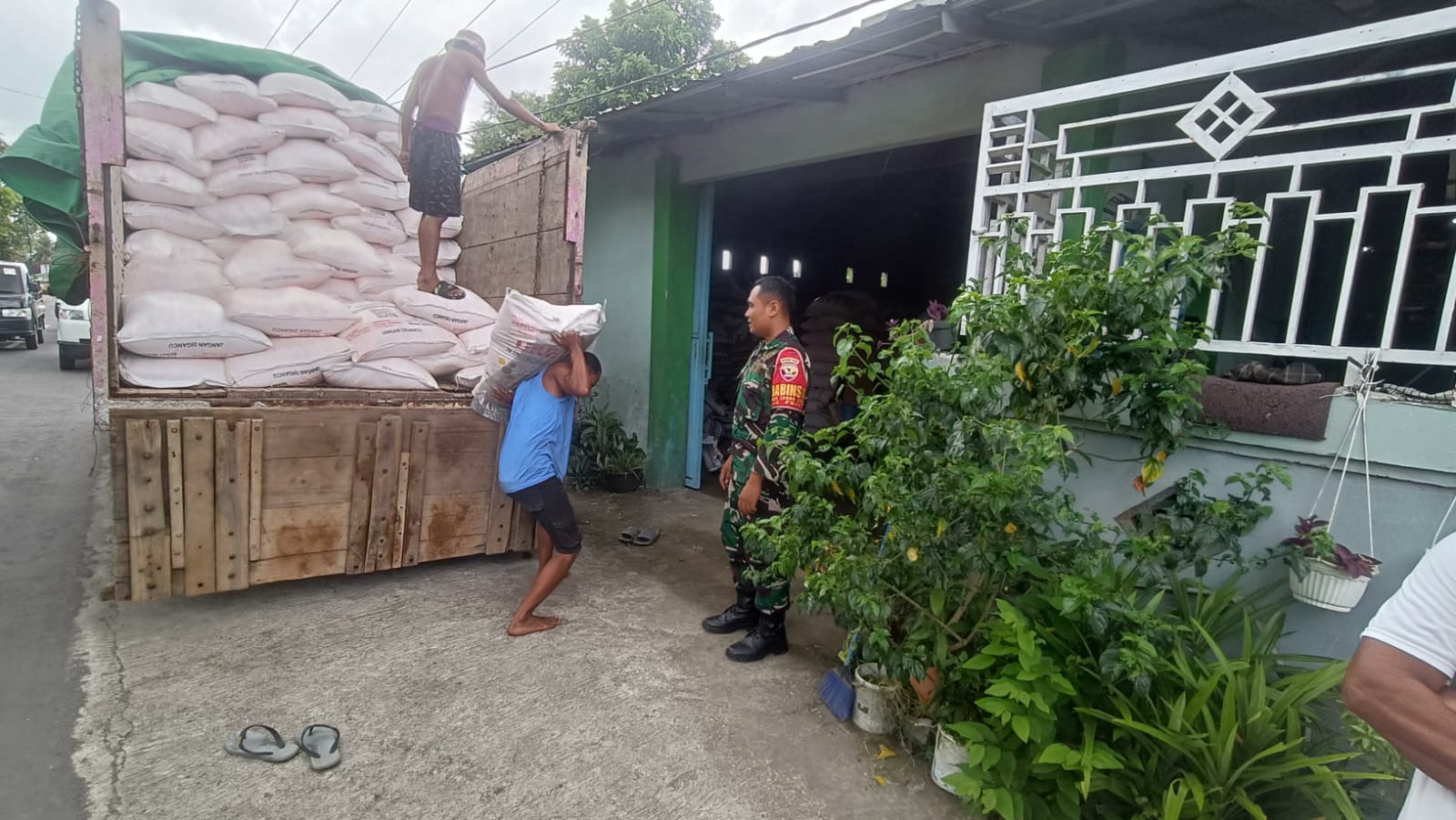 Babinsa Tanak Awu Sertu Heri Karyawan memantau langsung penyaluran pupuk subsidi kepada kelopok tani di Dusu Tatak, Desa Tanak Awu, Pujut, Lombok Tengah, Minggu (11/1).