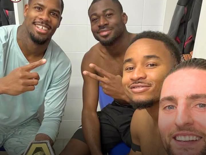 Para pemain AC Milan berkebangsaan Perancis, Adrien Rabiot, Christopher Nkunku, Youssouf Fofana, dan Mike Maignan.