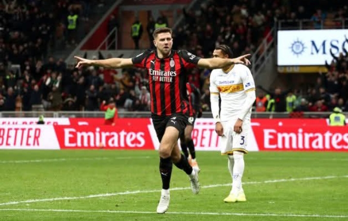 Niclas Fullkrug, sesaat mencetak gol perdana bagi AC Milan saat menghadapi Lecce, skor akhir 1-0.