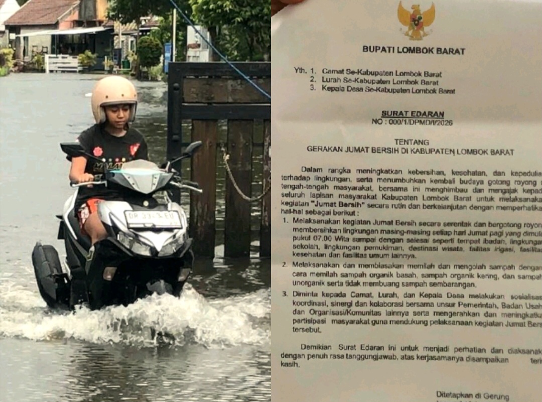 TERENDAM: Salah satu perumahan di wilayah Batulayar terendam banjir akibat saluran drainase tersumbat, Kamis (22/1). Bupati Lobar mengeluarkan edaran Jumat Bersih mengajak masayarakat Gotong Royong.