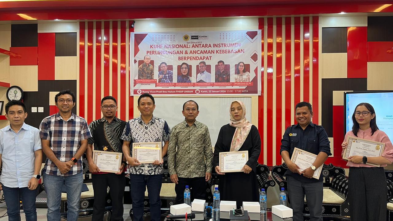 Membedah Dialektika KUHP Nasional sebagai Pelindung vs Ancaman Kebebasan Berpendapat&nbsp;&nbsp;di Gedung B FHISIP UNRAM pada Kamis (22/1/2026).