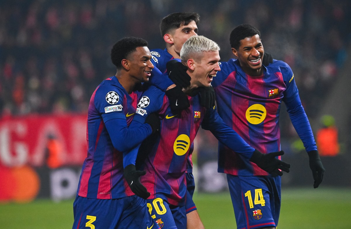 Para pemai Barcelona merayakan gol pada pertandingan Liga Champions UEFA, 21 Januari 2026. Barcelona akan menjamu Real Oviedo di Spotify Camp Nou dalam lanjutan Jornada 21 LaLiga. (Foto: AFP)