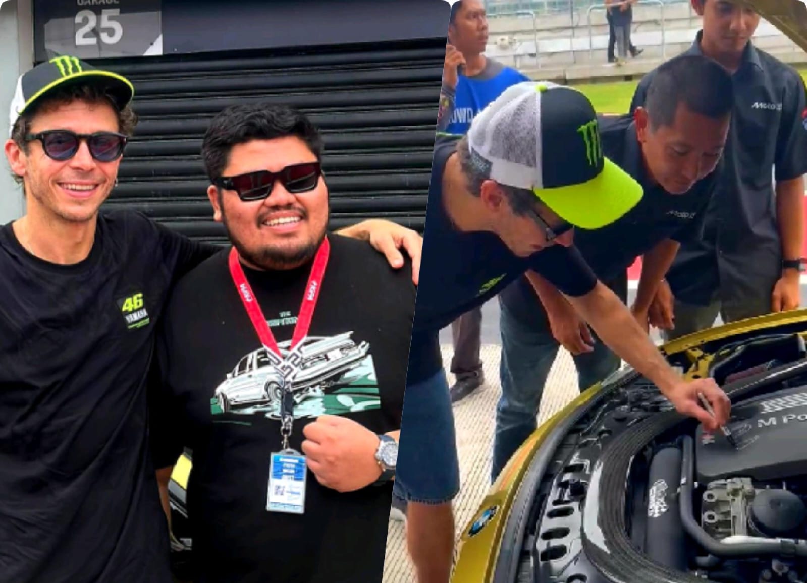 BERTEMU IDOLA: Firman Akbar Sopyan dirangkul dan foto bersama Valentino Rossi di Sirkuit Mandalika, Kamis (29/1). Rossi juga menandatangani mesin mobil BMW M4 milik Firman sebagai kenang-kenangan.