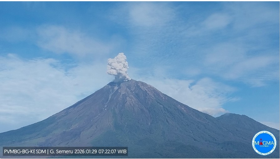 ERUPSI LAGI: Tampak Gunung Semeru erupsi pada pukul 07.22 WIB, kemarin (29/1). Tinggi letusan mencapai 700 meter.