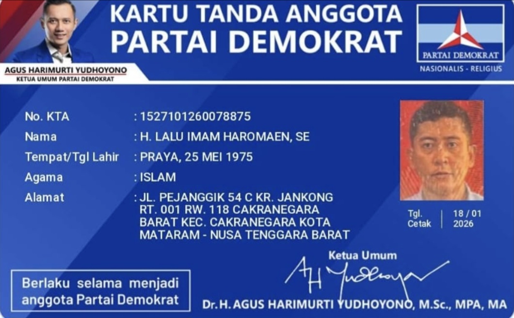 Beredar Kartu Tanda Anggota (KTA) Partai Demokrat atas nama Lalu Imam Haromaen yang diterbitkan pada 18 Januari 2026. Yang bersangkutan adalah adik kandung Gubernur NTB Lalu Muhamad Iqbal.