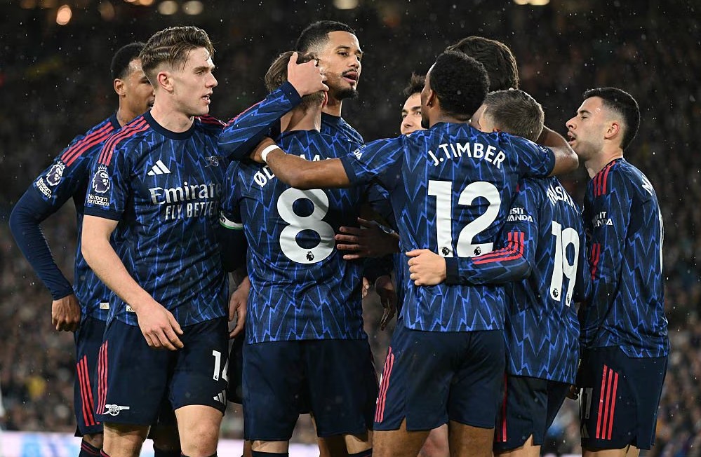 Pemain Arsenal merayakan kemenangan melawan Leeds United.
