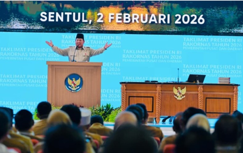 RAKORNAS: Presiden Prabowo Subianto menyampaikan taklimatnya pada Rakornas Pemerintah Pusat dan Daerah Tahun 2026 di Sentul, Kabupaten Bogor, Jawa Barat, Selasa (2/2).