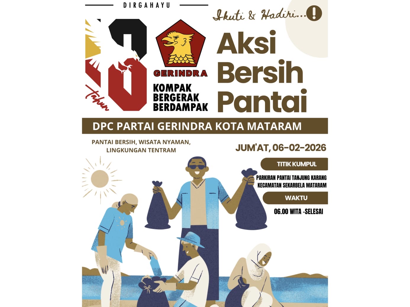 Flyer aksi bersih-bersih Gerindra Mataram di pantai.