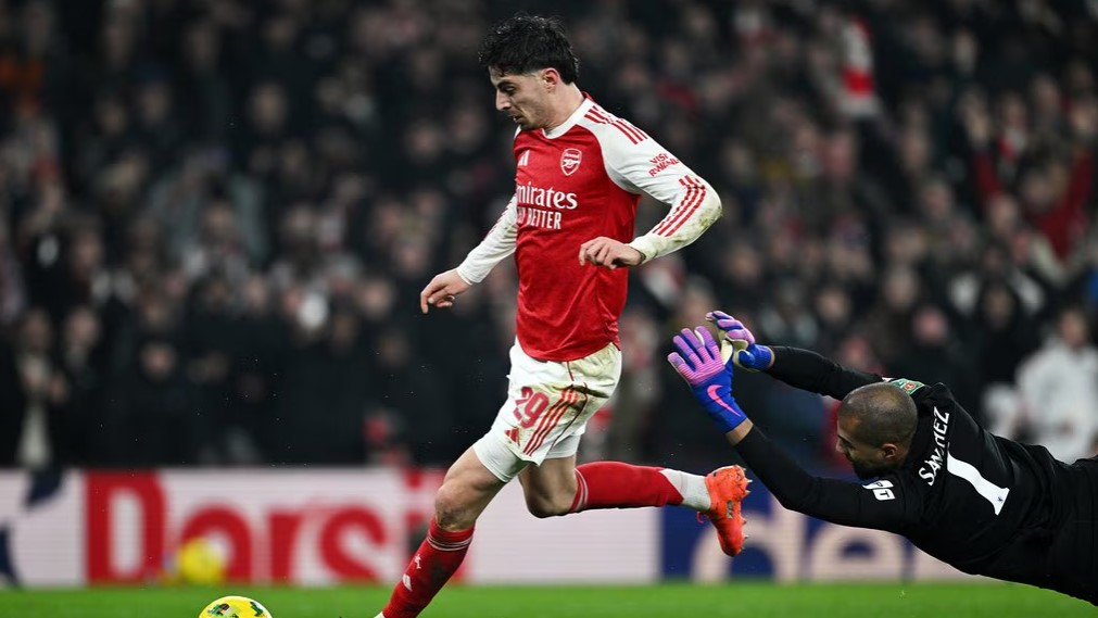 Pemain Arsenal Kai Havertz mencetak satu-satunya gol kemenangan saat melawan Chelsea.