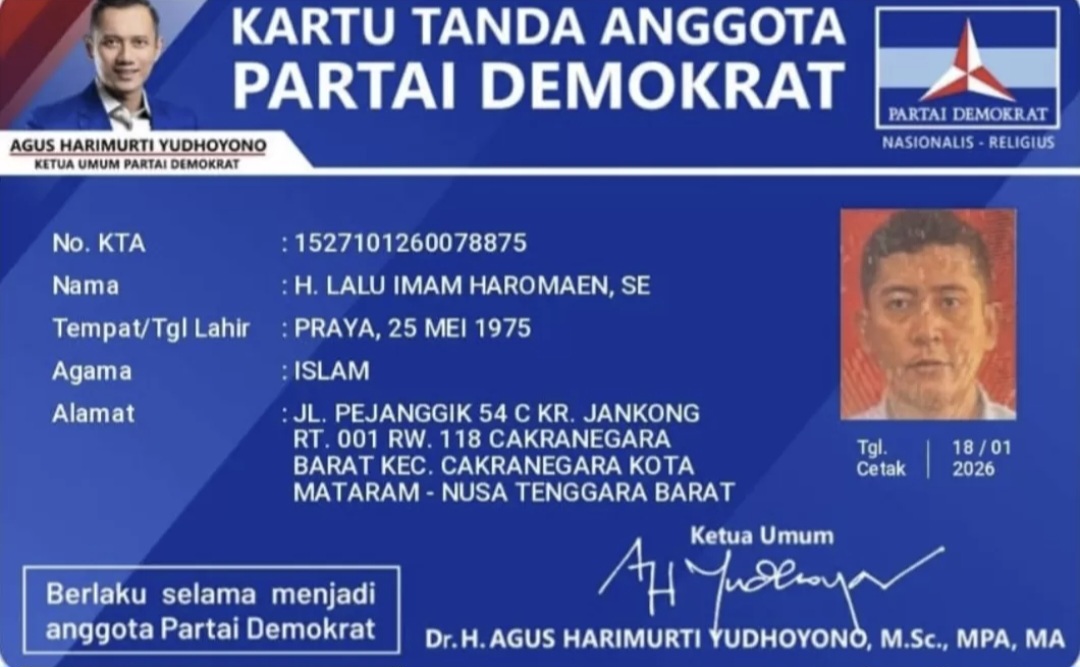 Beredar Kartu Tanda Anggota (KTA) Partai Demokrat atas nama Lalu Imam Haromaen yang diterbitkan pada 18 Januari 2026.
