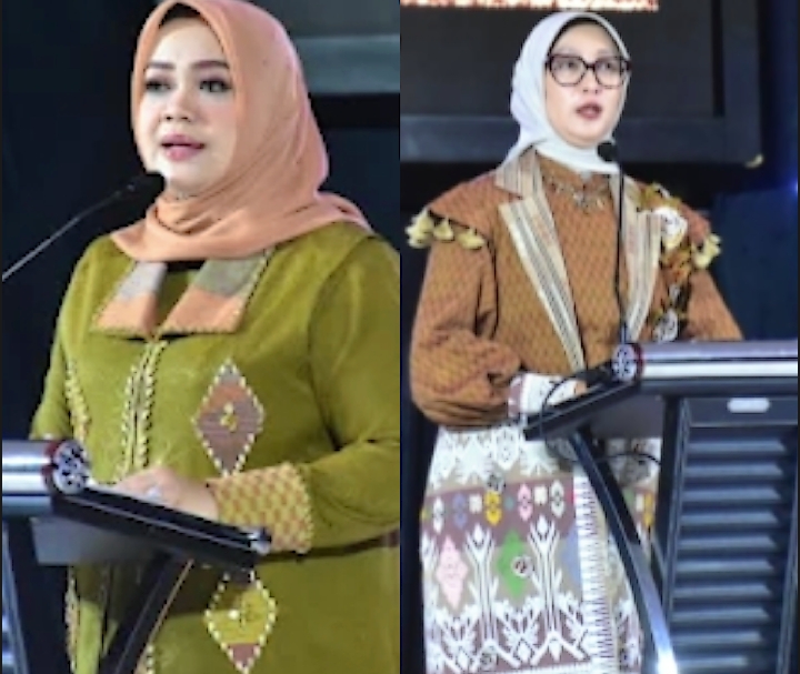 WASTRA NTB: Ketua Dekranasda NTB Sinta Agathia Soedjoko (kiri) dan Wagub NTB Indah Dhamayanti Putri (kanan) saat menghadiri Marvelous Wastra NTB yang digelar di Rinjani Ballroom Lombok Raya Hotel.