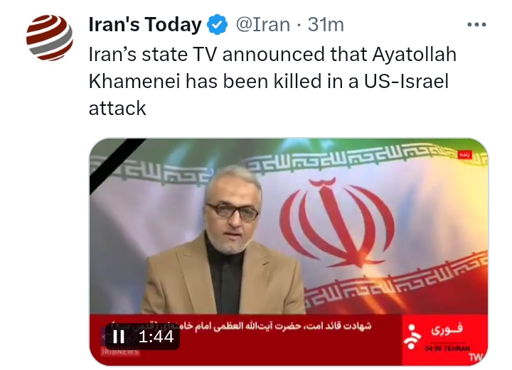 Pengumuman TV Iran atas kematian Ayatollah Ali Khamenei