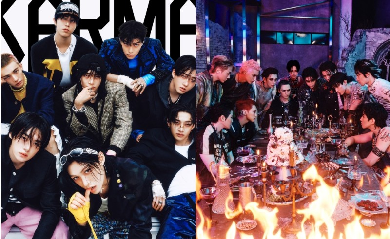 Poster album Stray Kids yang berjudul KARMA berada di peringkat kedua (kiri) dan SEVENTEEN dengan HAPPY BURSTDAY di peringkat ketiga. (Facebook resmi Stray Kids dan SEVENTEEN)