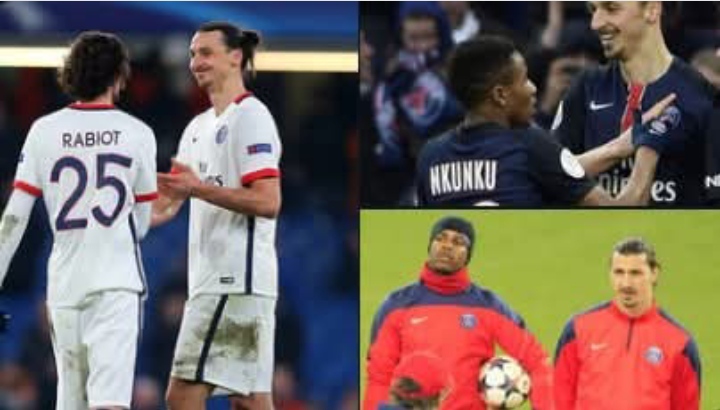 Zlatan Ibrahimovic bersama Adrien Rabiot, Mike Maignan, dan Christopher Nkunku saat masih di PSG, kini mereka bersama di AC Milan. 