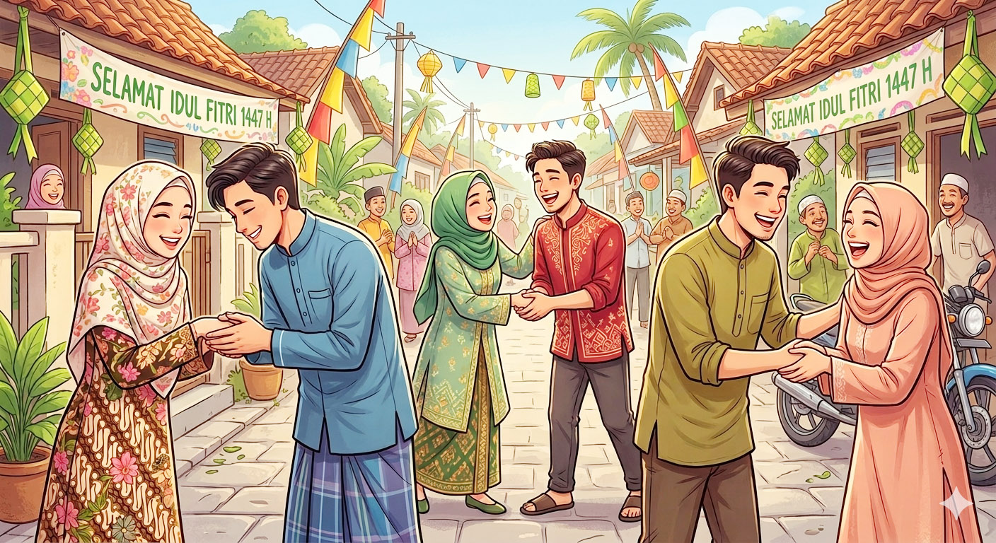 Ilustrasi maaf-maafan di momen Idul Fitri. (Gemini AI)