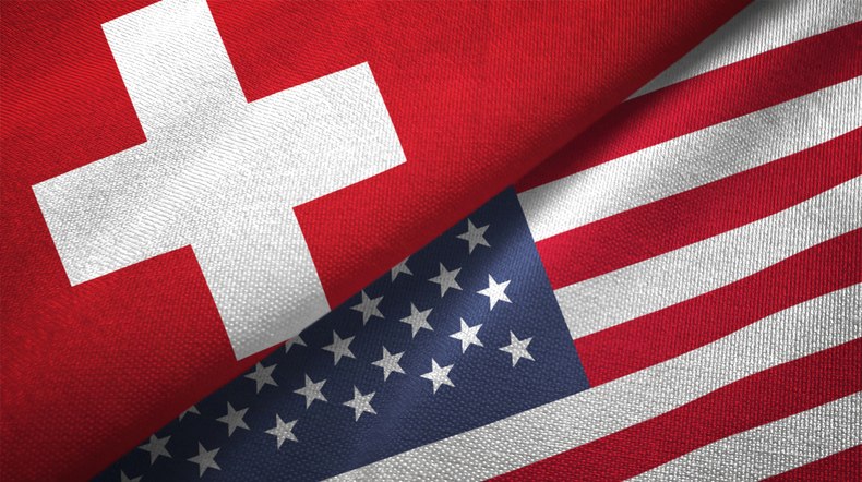 Ilustrasi bendera Swiss dan Amerika. 