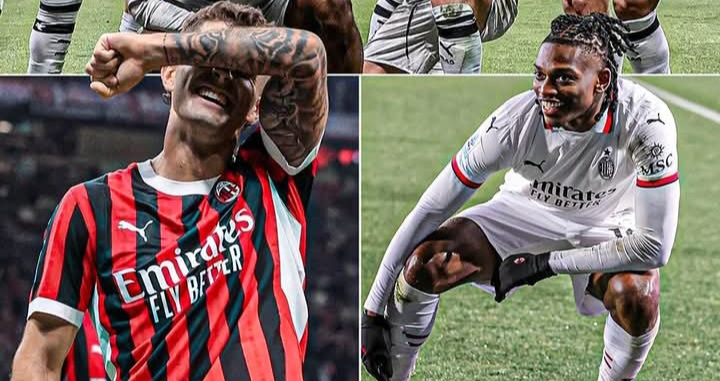 Selebrasi dua striker AC Milan Christian Pulisic dan Rafael Leao saat mencetak gol. 