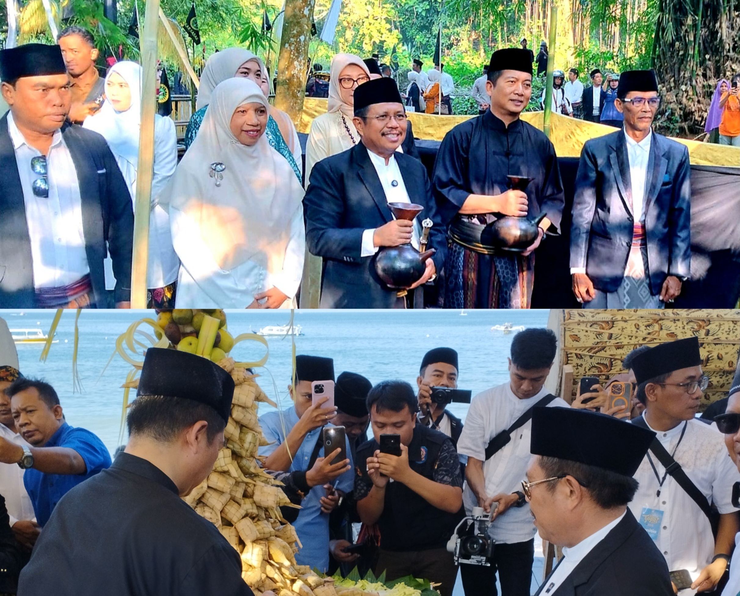 JAGA TRADISI: Gubernur NTB Lalu Muhammad Iqbal bersama Bupati Lombok Barat Lalu Ahmad Zaini dan Wakilnya Hj Nurul Adha saat mengikuti rangkaian acara Lebaran Topat, Sabtu (28/3).