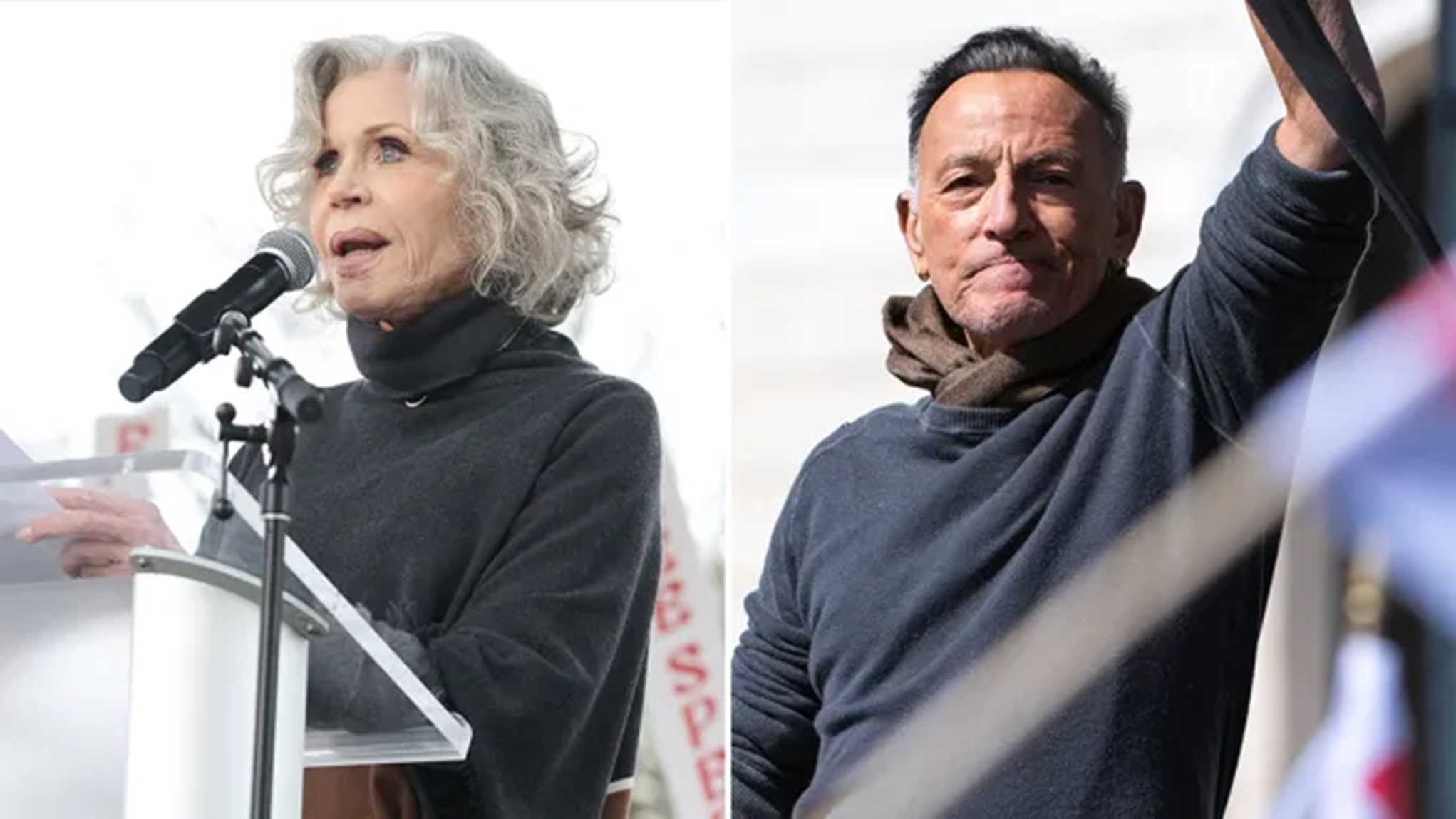 Jane Fonda (kiri) di luar Kennedy Center  dan Bruce Springsteen tampil di luar gedung DPR negara bagian di Minnesota dalam aksi protes "No Kings". (Getty Images)