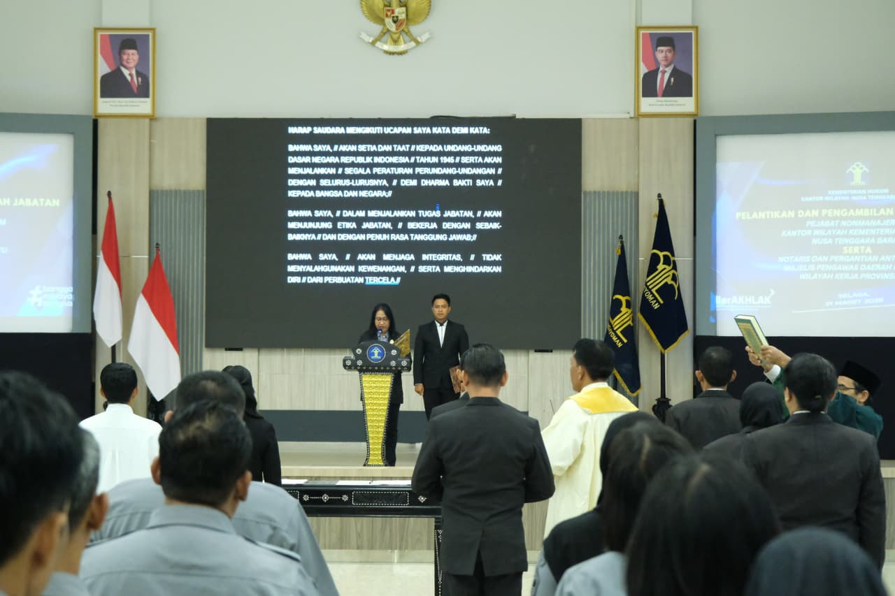 Kakanwil Kemenkum NTB I Gusti Putu Milawati melantik notaris dan PAW MPDN, menegaskan pentingnya profesionalisme dan integritas layanan hukum.