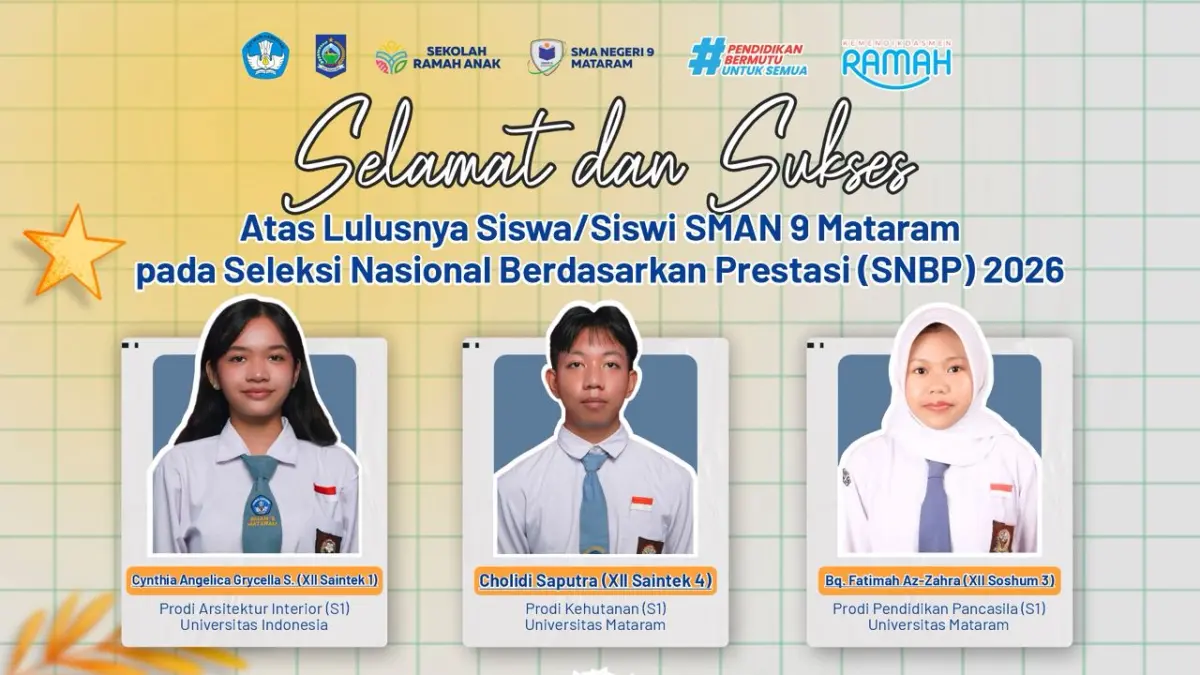 Pada hasil Seleksi Nasional Berdasarkan Prestasi (SNBP) 2026, sebanyak 9 siswa terbaik berhasil menembus perguruan tinggi negeri (PTN) pada berbagai program studi favorit.