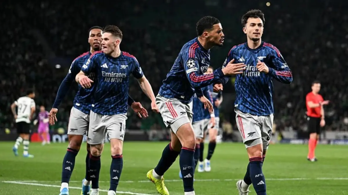 Pemain Arsenal merayakan satu-satunya gol saat menghadapi Sporting CP dalam babak 16 besar Liga Champions. (ARSENAL.COM)