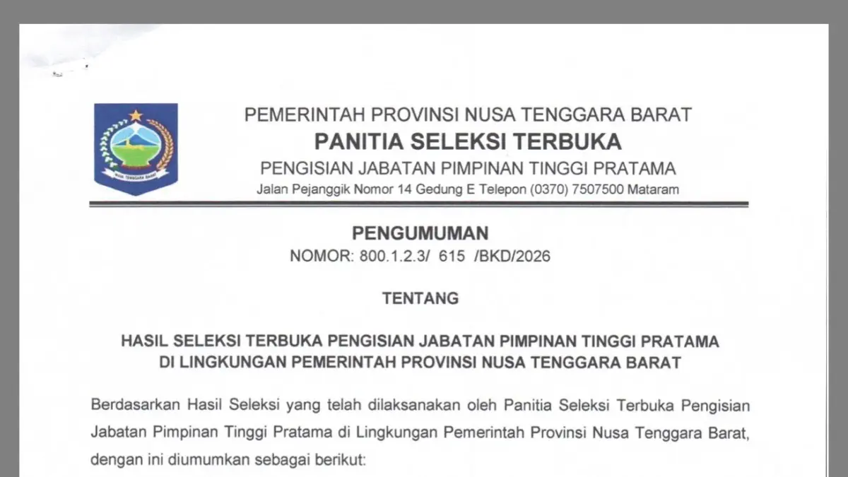 Surat resmi pengumuman tiga besar 13 formasi yang diunggah di BKD NTB. 