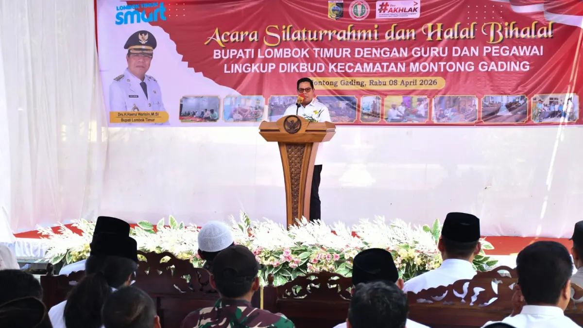 HALALBIHALAL: Bupati Lombok Timur Haerul Warisin saat memberikan arahan kepada guru dan pegawai Kecamatan Montong Gading dalam acara silaturahmi dan halalbihalal, Rabu (8/4). (PKP UNTUK LOMBOK POST)
