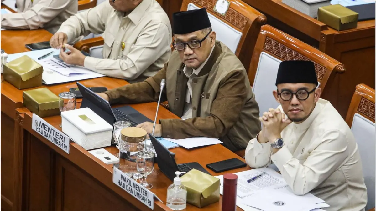 Kementerian Haji dan Umrah (Kemenhaj) saat menjelaskan progress haji dan membahas sistem pendaftaran haji. (SALMAN TOYIBI/JAWA POS)
