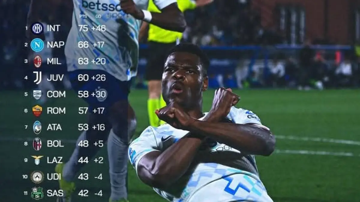 Klasemen sementara pekan ke 32 Liga Italia, Inter Milan kokoh di puncak klasemen, diikuti Napoli, AC Milan, dan Juventus. (Istimewa) 